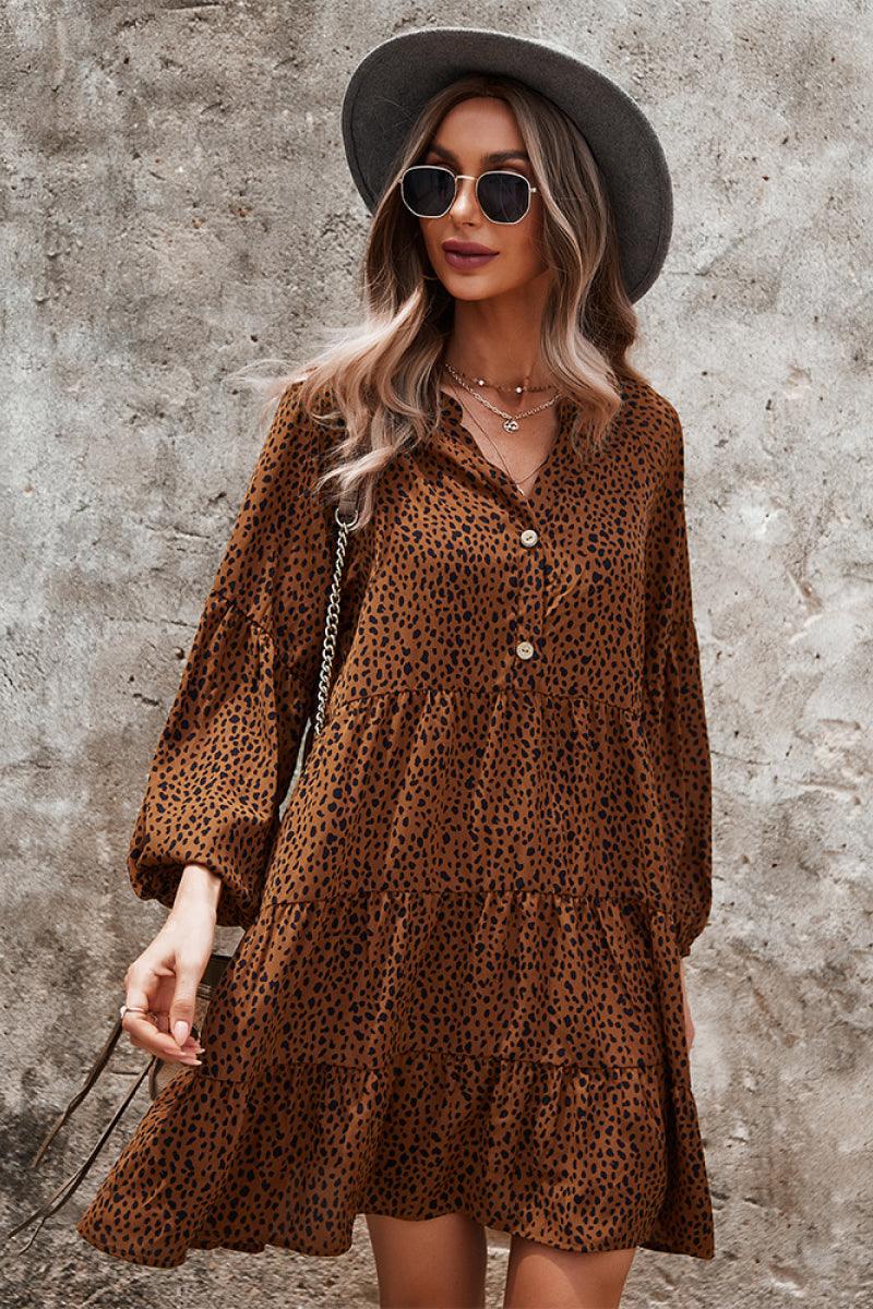 Leopard Print V Neck Tiered Pleated Dress