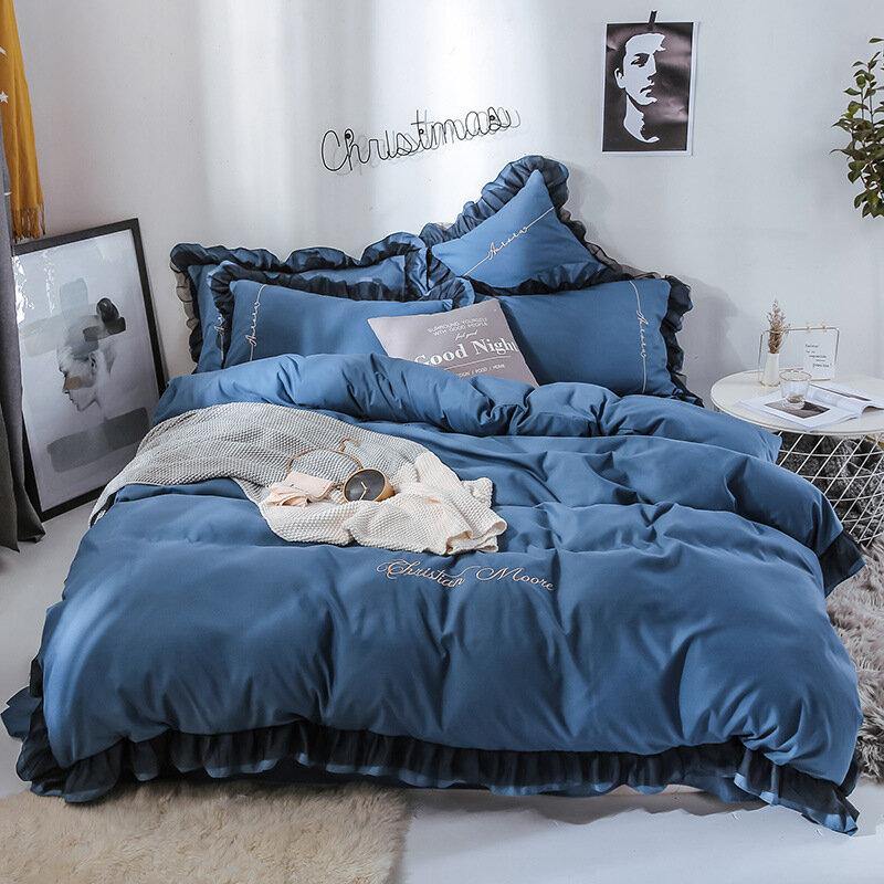 4PCS Solid Color Embroidery Lace Purfle Bedding Set Soft-smooth Duvet Cover Sheet Pillowcases King /Queen Size