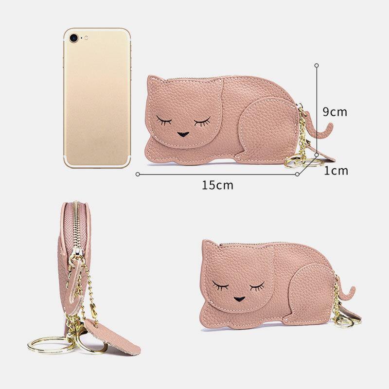 Frauen Echtes Leder Casual Niedlichen Tier Nickerchen Katze Muster Mini Schlüsselbund Münze Tasche Lagerung Tasche 