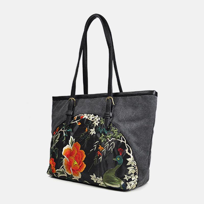 Bolso de mano de gran capacidad con bordado Floral de estilo étnico de lona para mujer 