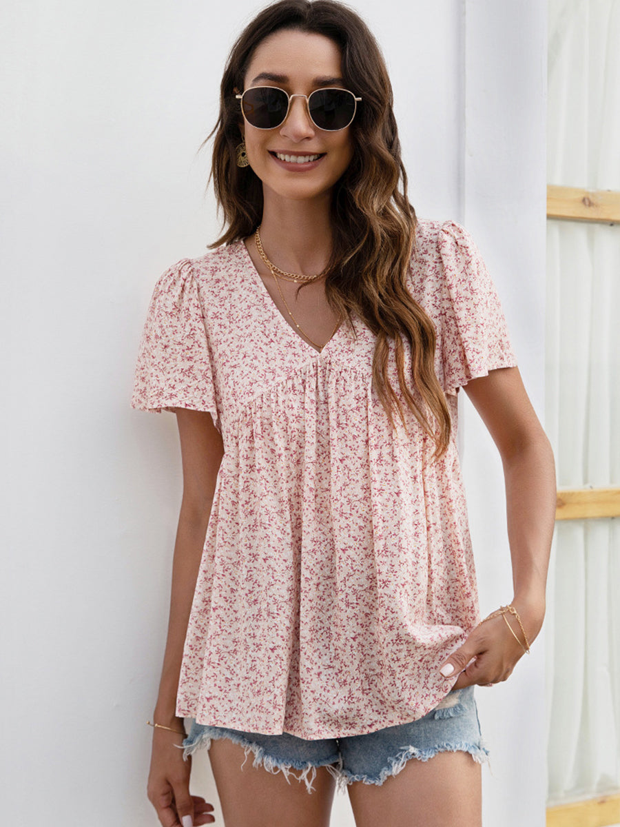 Women’s T-Shirts V-Neck Floral Printed Pattern Short Sleeve Loose Casual T-Shirt