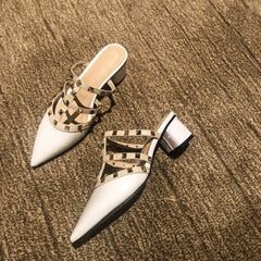 Womens Pointed Rivet Low Heel Slippers Mules