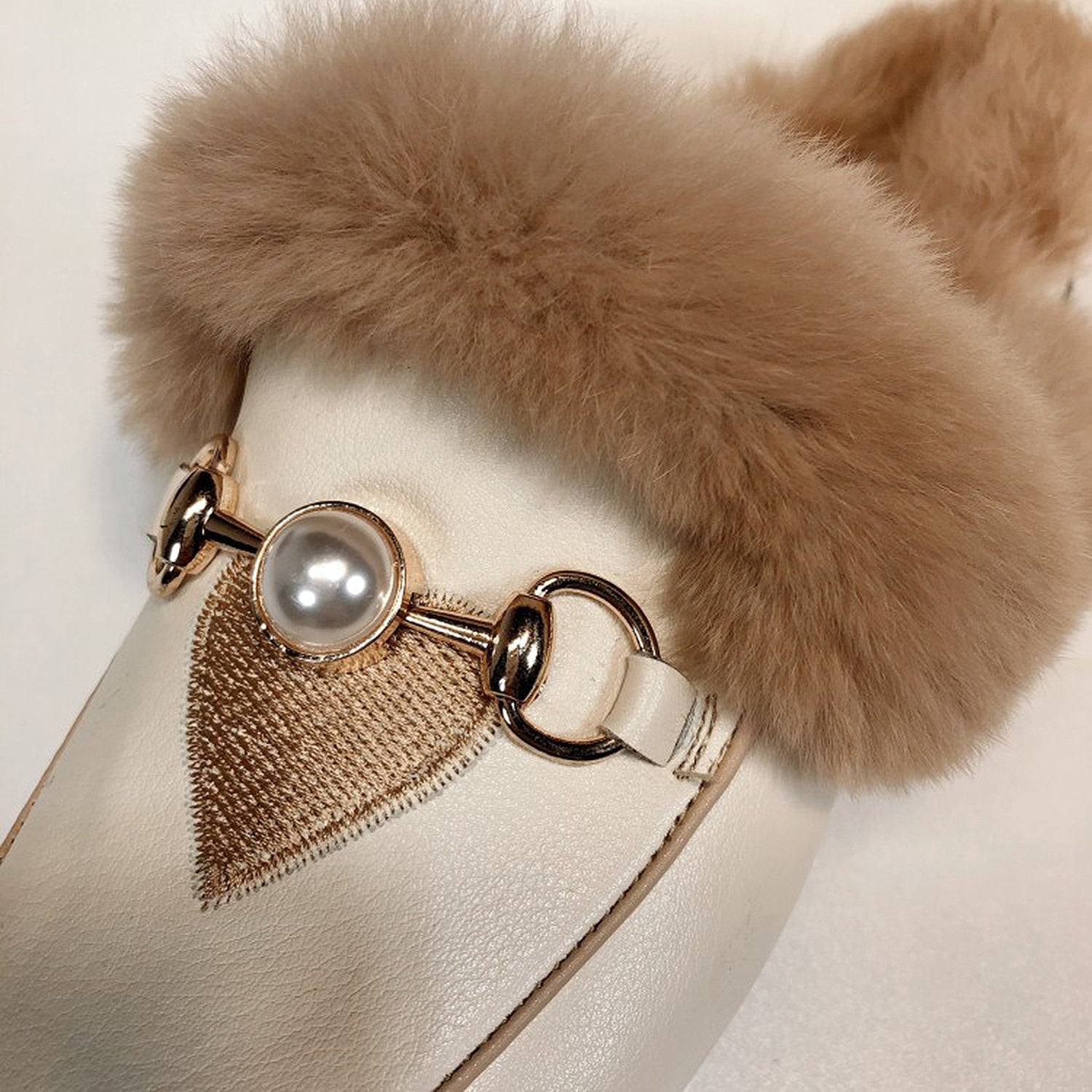 Women Embroidered Fur Pearl Buckle Slippers Mules Flat