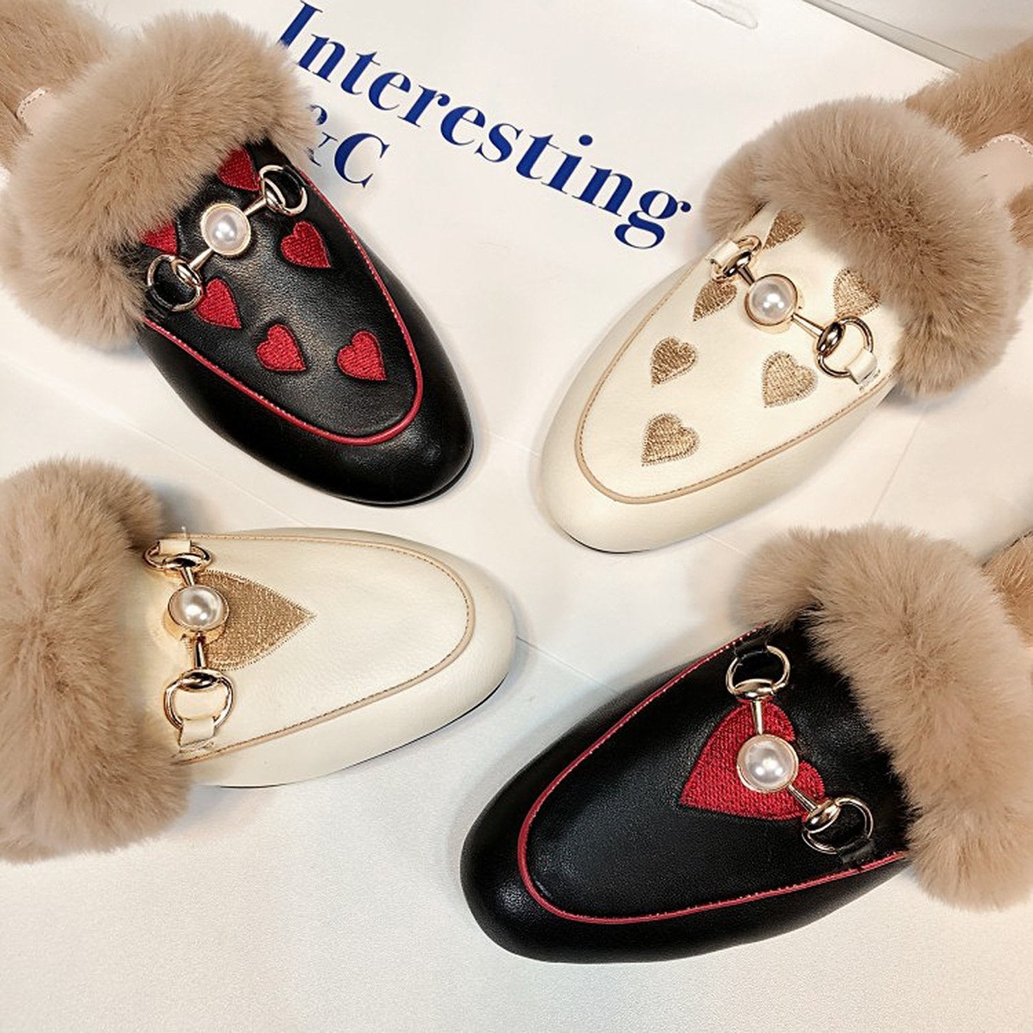 Women Embroidered Fur Pearl Buckle Slippers Mules Flat