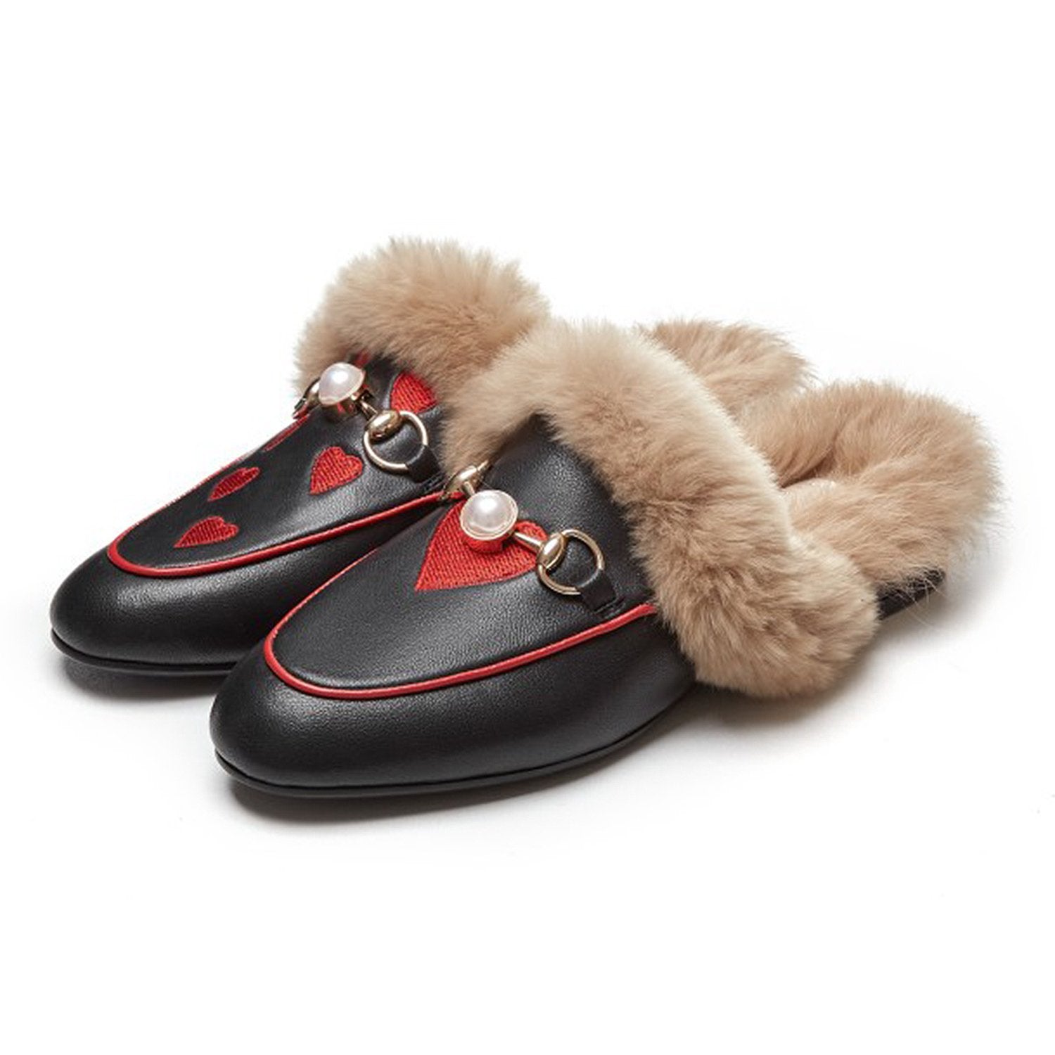 Women Embroidered Fur Pearl Buckle Slippers Mules Flat