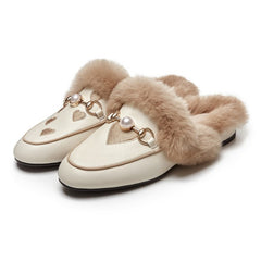 Women Embroidered Fur Pearl Buckle Slippers Mules Flat