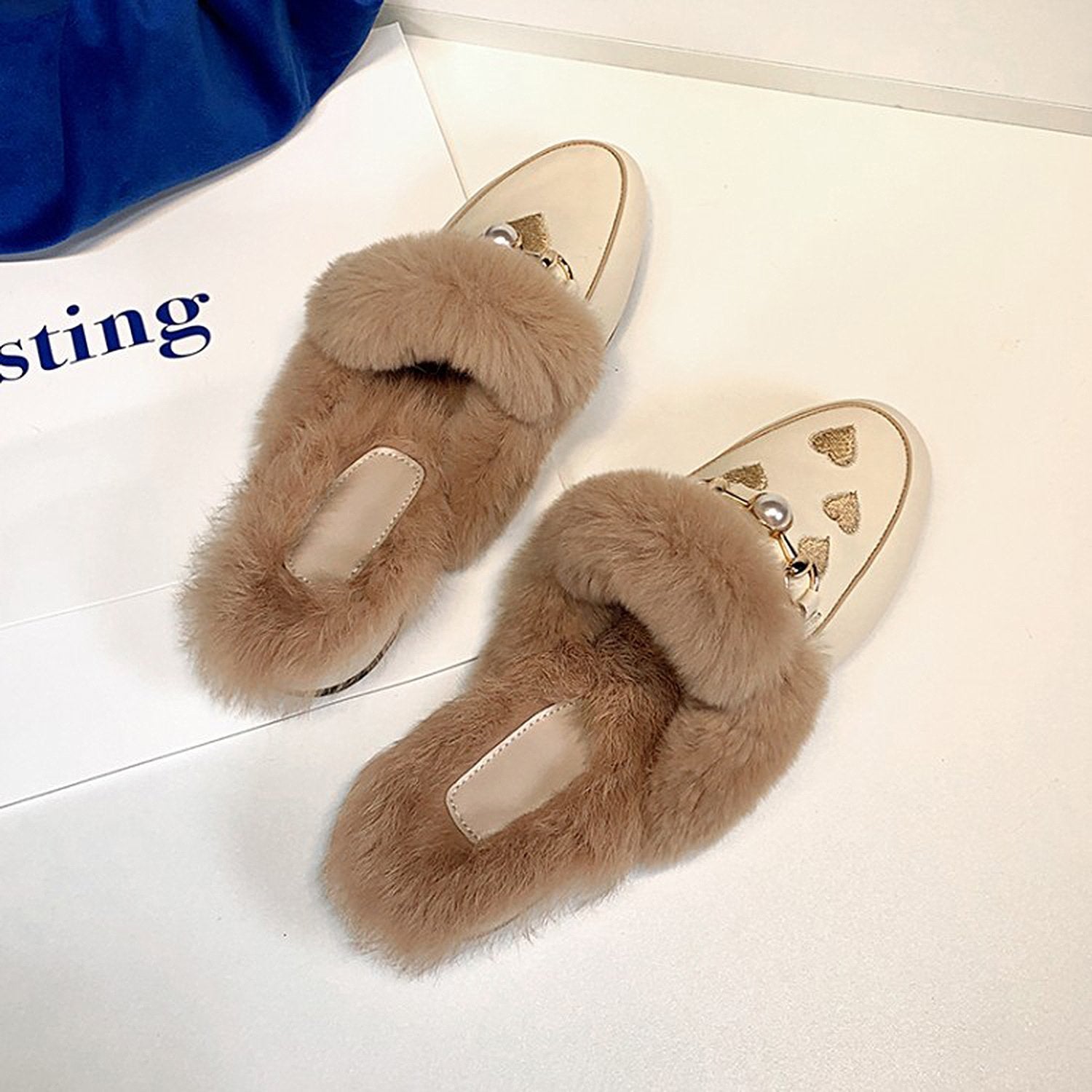 Women Embroidered Fur Pearl Buckle Slippers Mules Flat