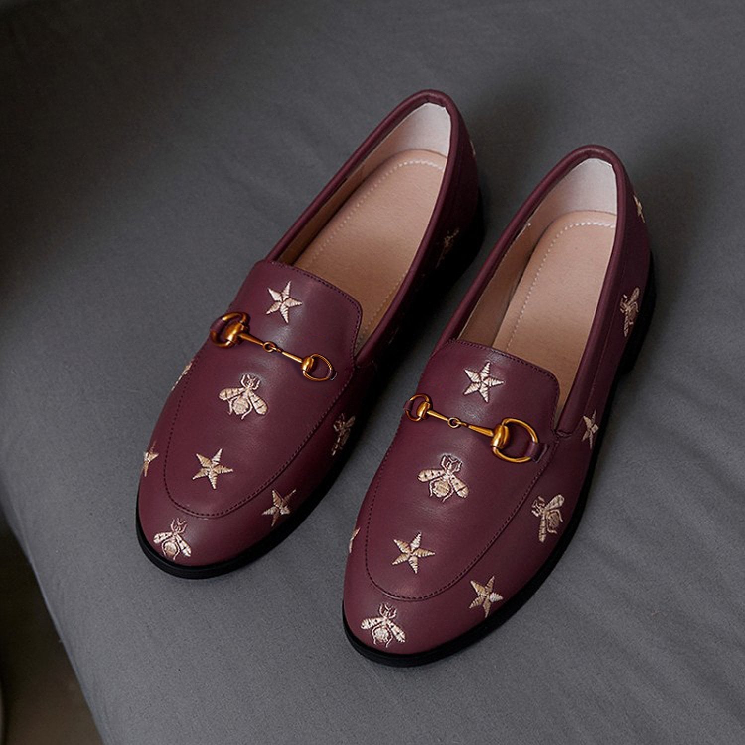 Women Classic Bee and Star Leather Loafers