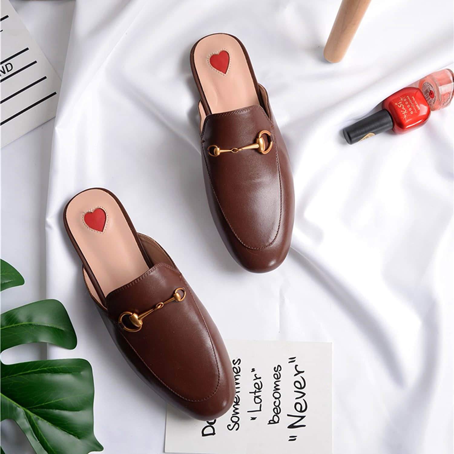 Womens Red Heart Buckle Shoes Mules