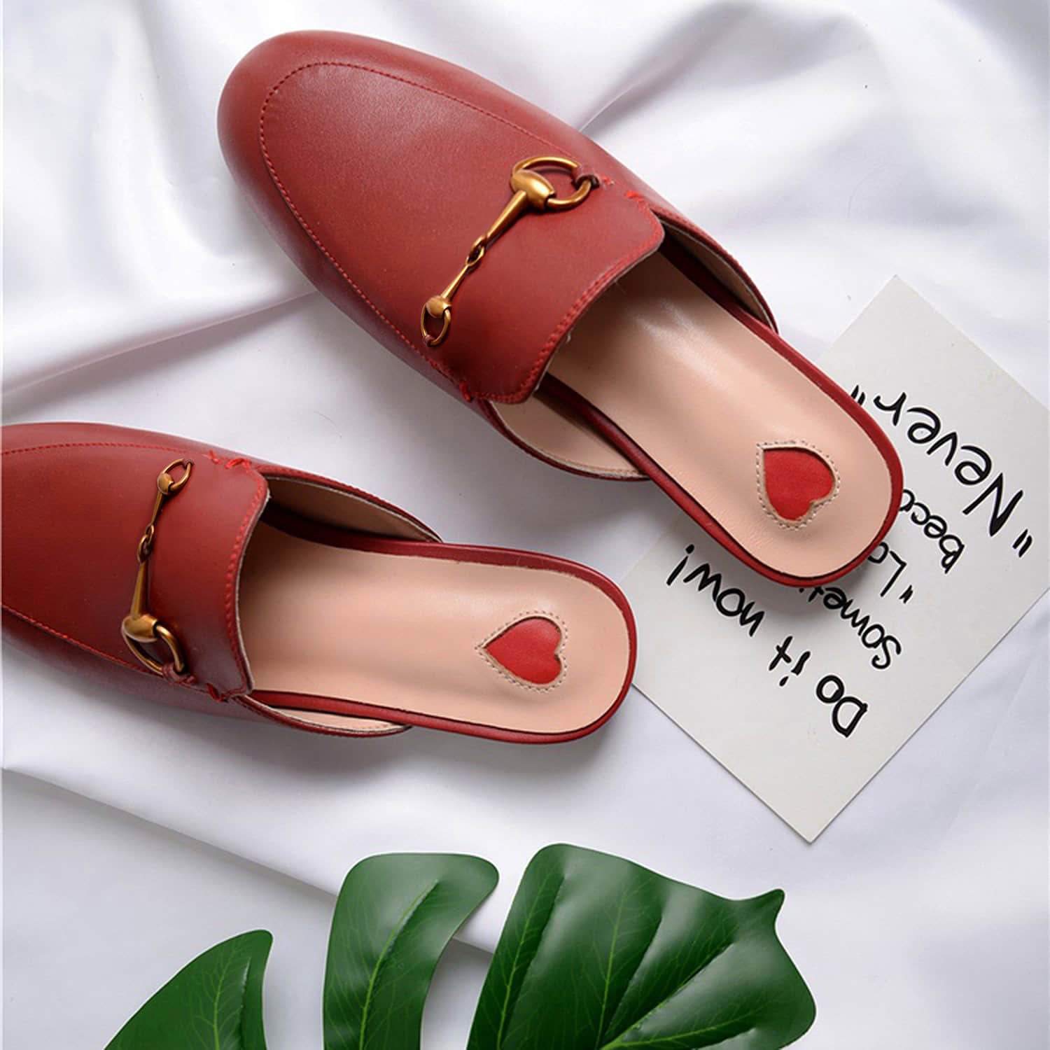 Womens Red Heart Buckle Shoes Mules