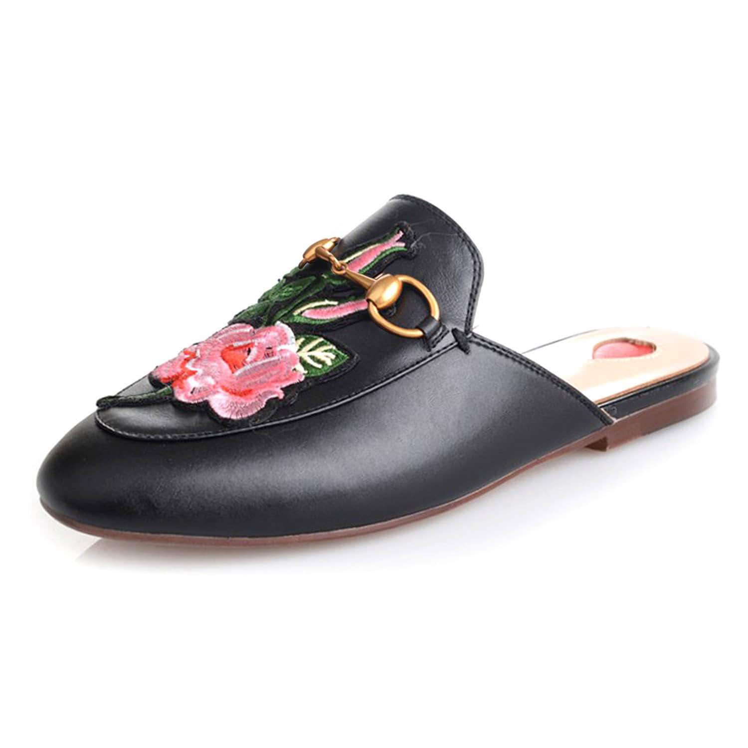 Women Heart Metal Buckle Embroidery Pattern Mules