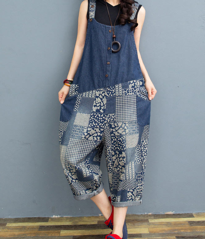 Blue Floral Denim Loose Casual Summer Overall Loose Women Jumpsuits QYCQ05165