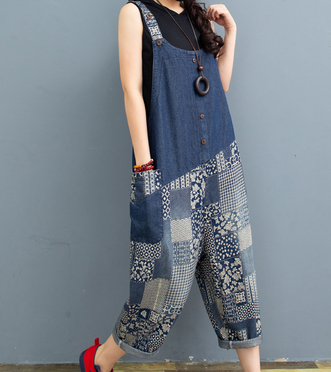 Blue Floral Denim Loose Casual Summer Overall Loose Women Jumpsuits QYCQ05165