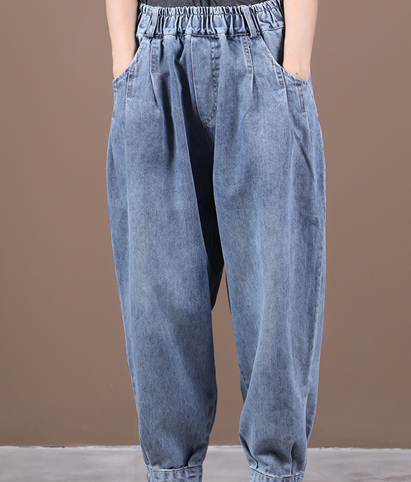 Autumn Washed Denim Wide Leg Women Casual Pants Elastic Waist WG05131