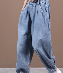 Autumn Washed Denim Wide Leg Women Casual Pants Elastic Waist WG05131