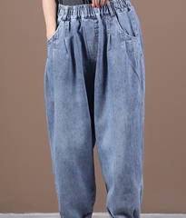 Autumn Washed Denim Wide Leg Women Casual Pants Elastic Waist WG05131