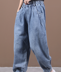 Autumn Washed Denim Wide Leg Women Casual Pants Elastic Waist WG05131