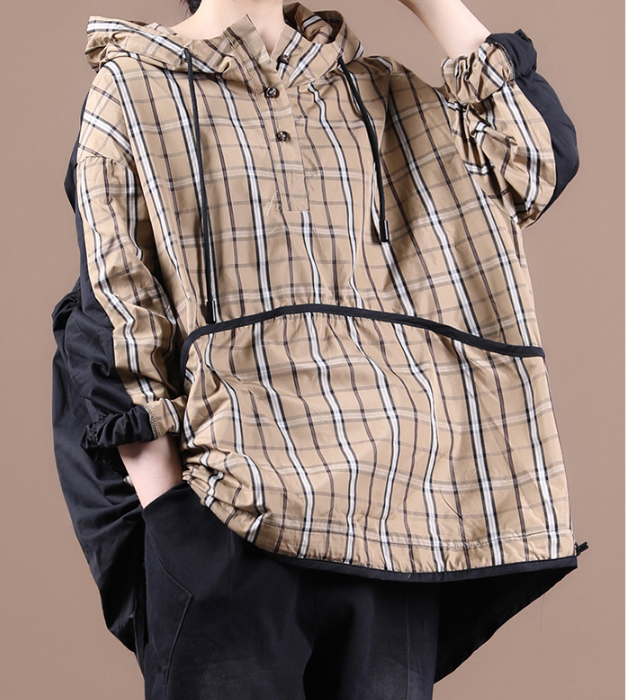 Checked Fall Women Cotton Tops Women Coat Loose Style H9506