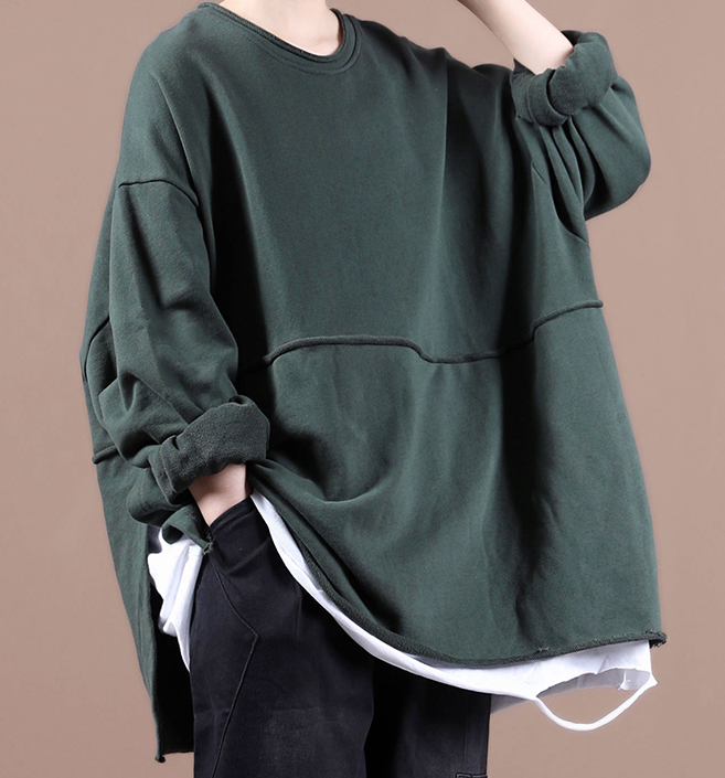 Green Loose Fall Women Cotton Tops Women Side Slit Blouse Overall H9506