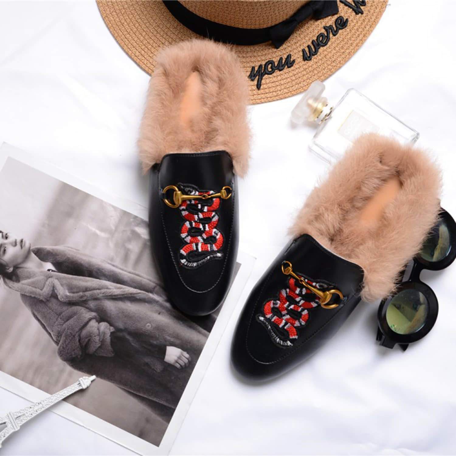 Women Casual Buckle Fur Embroidery Mules Slippers Shoes