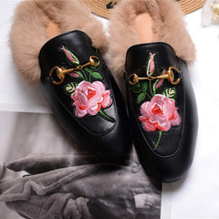 Womens Rose Classic Buckle Fur Mules