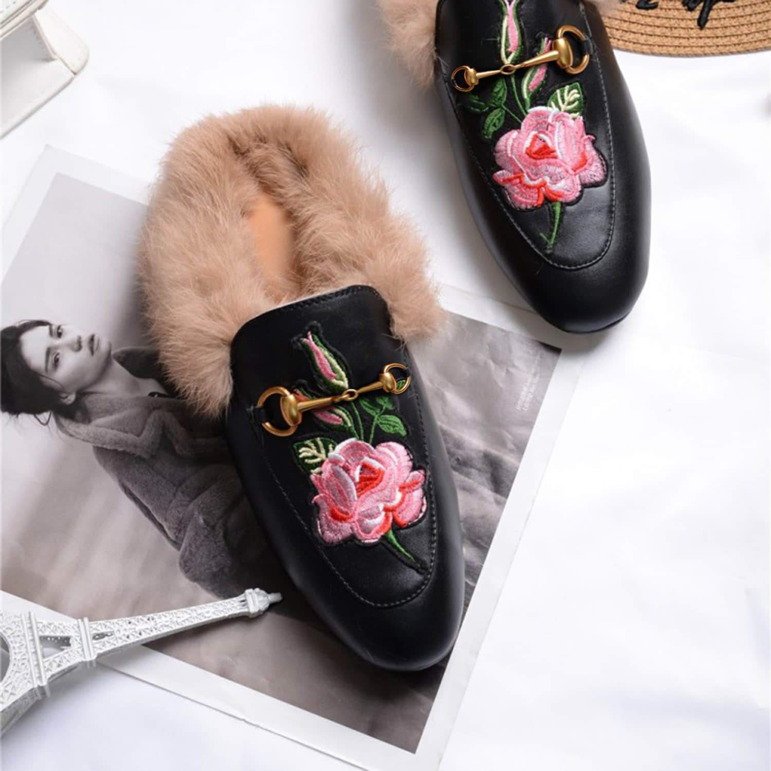 Womens Rose Classic Buckle Fur Mules