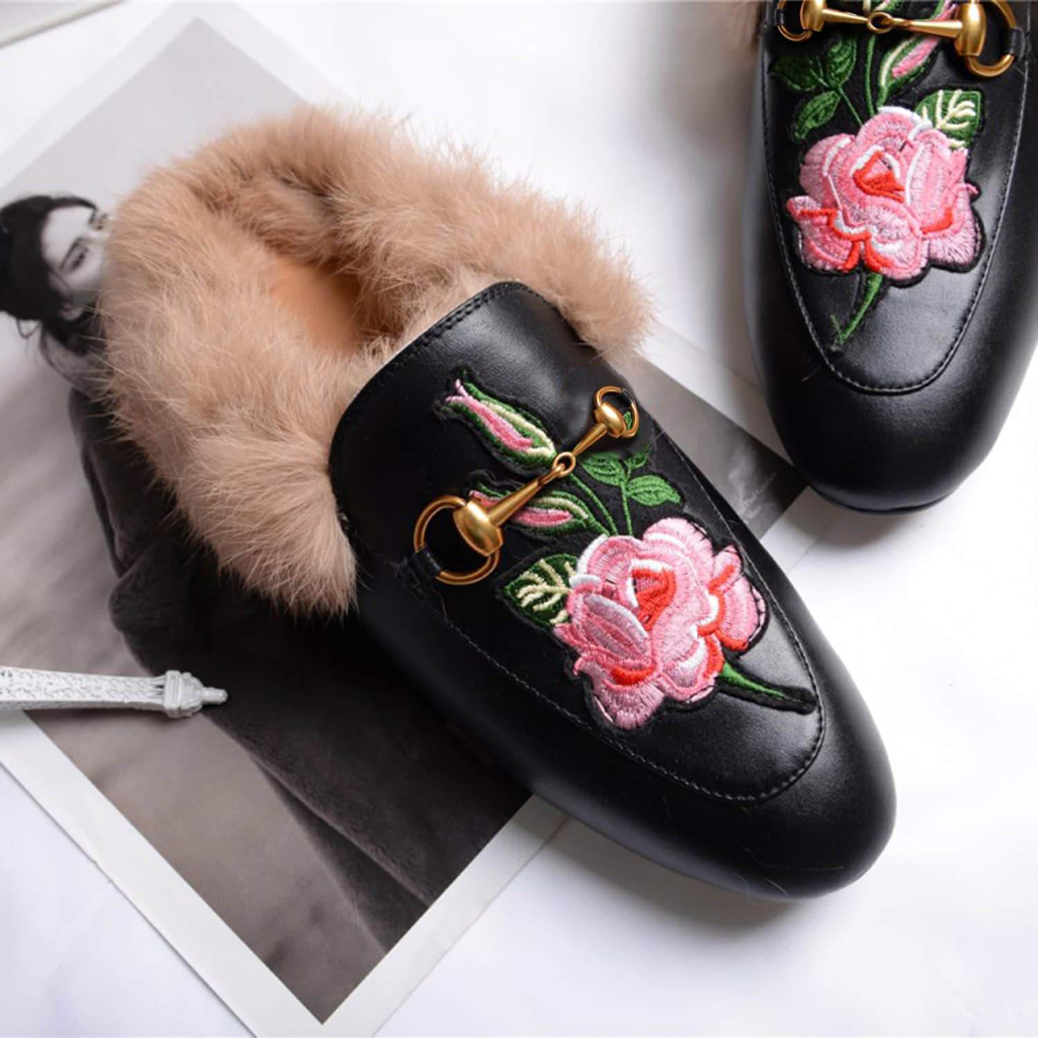 Womens Rose Classic Buckle Fur Mules