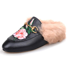 Womens Rose Classic Buckle Fur Mules