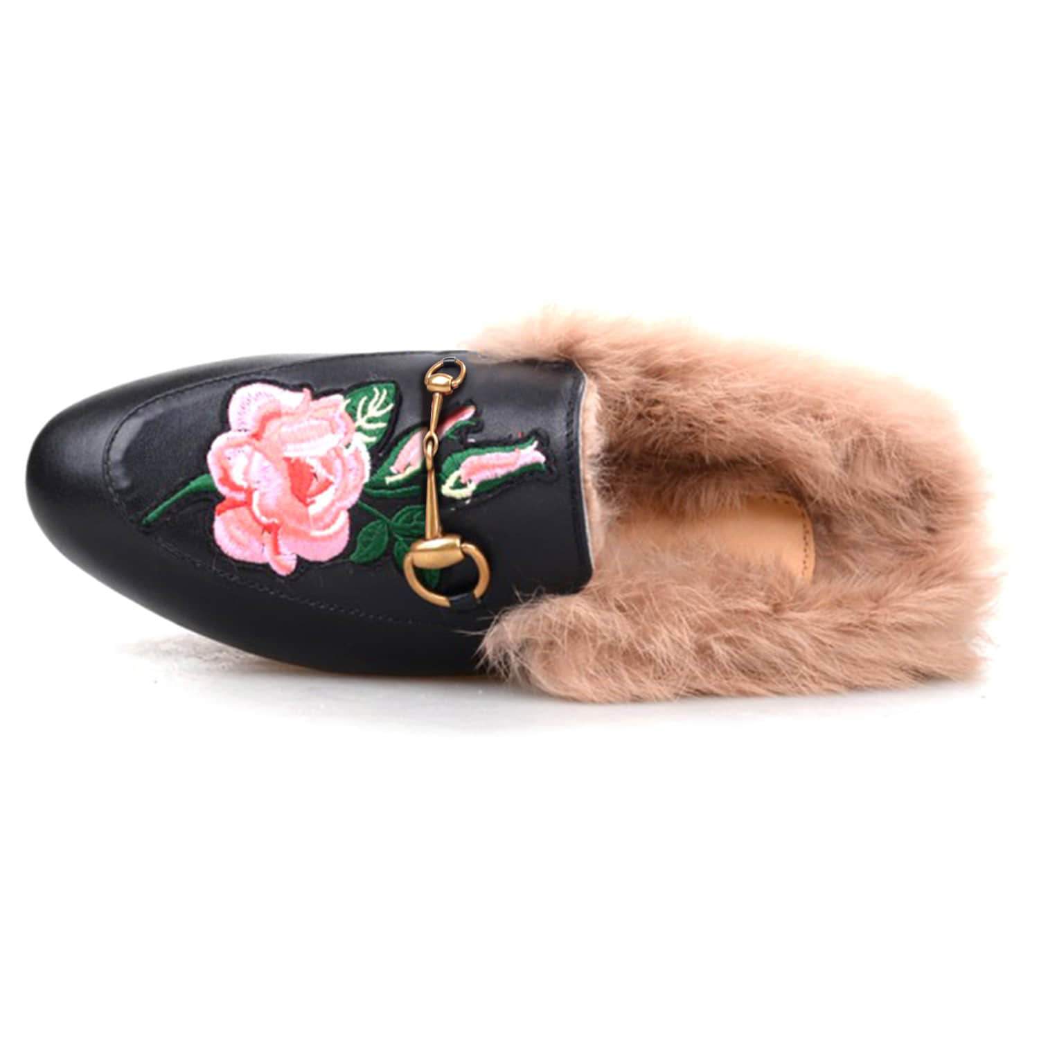 Womens Rose Classic Buckle Fur Mules