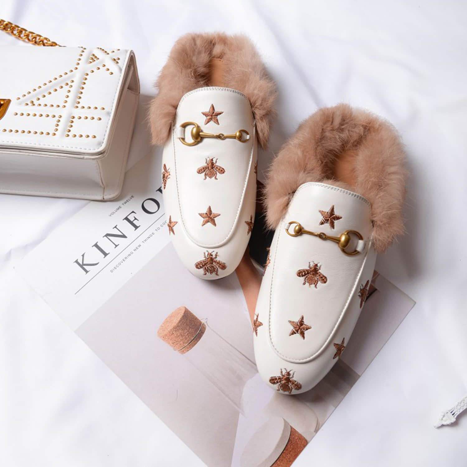 Bee Star Embroidered Furry Fur Slip on Mules