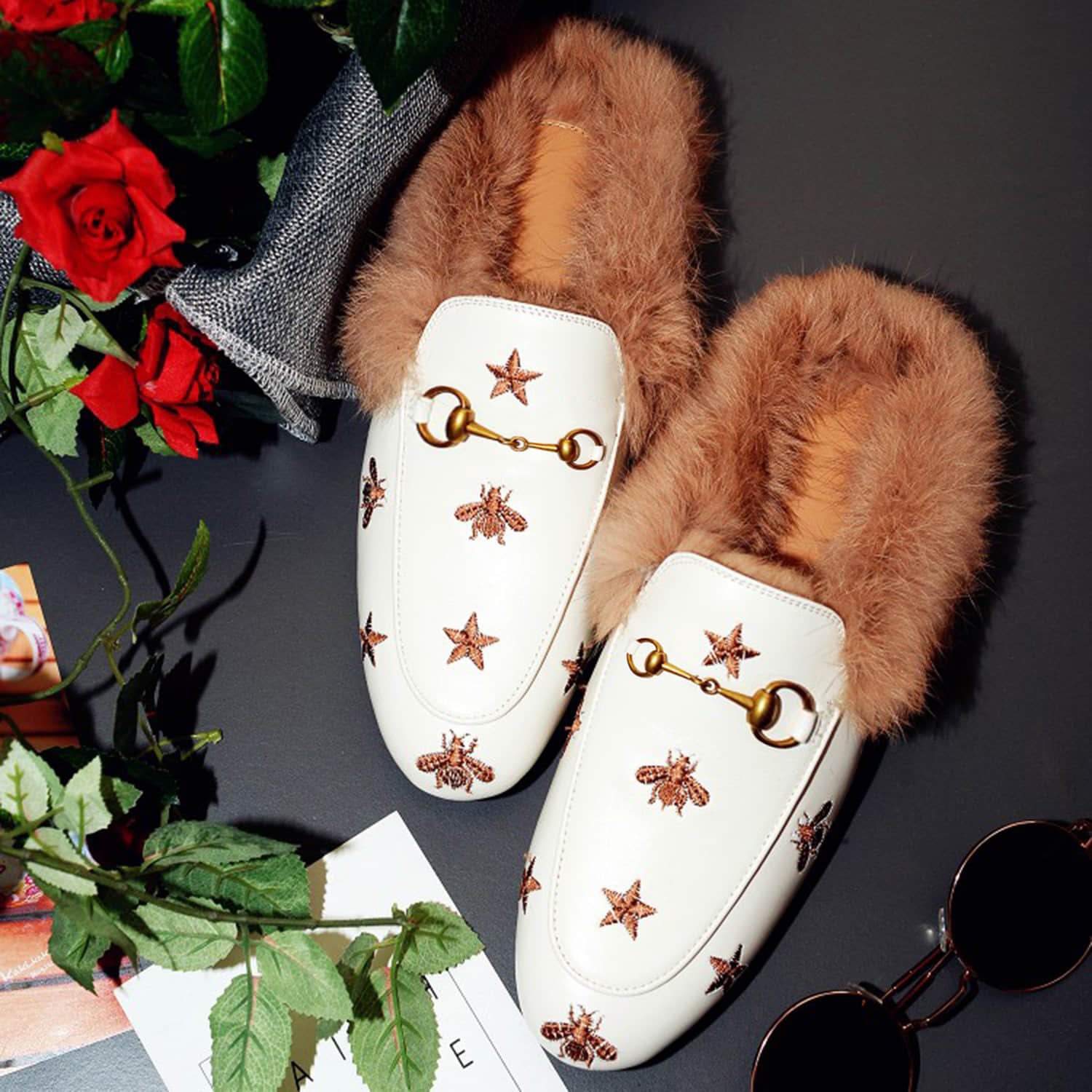 Bee Star Embroidered Furry Fur Slip on Mules