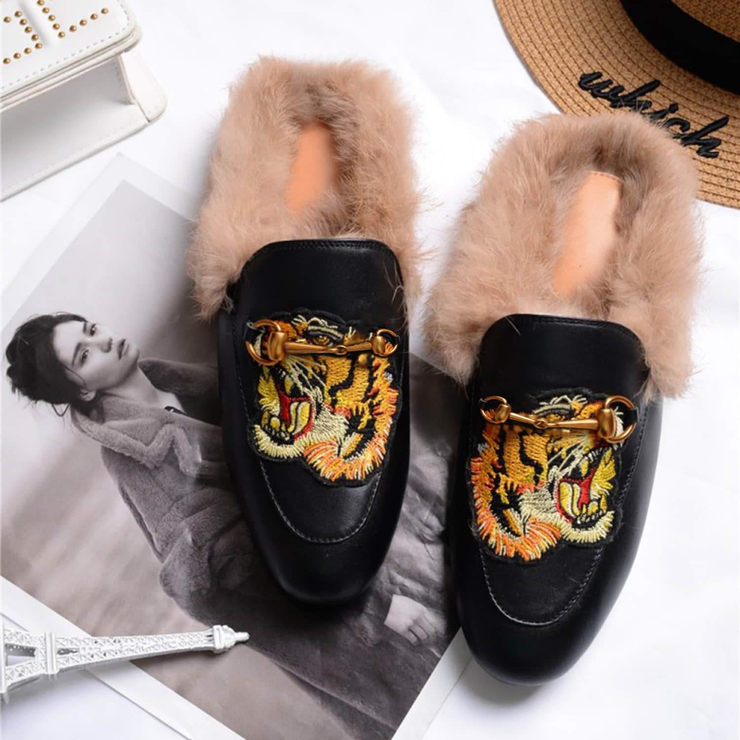 Women Casual Buckle Fur Embroidery Mules Slippers Shoes