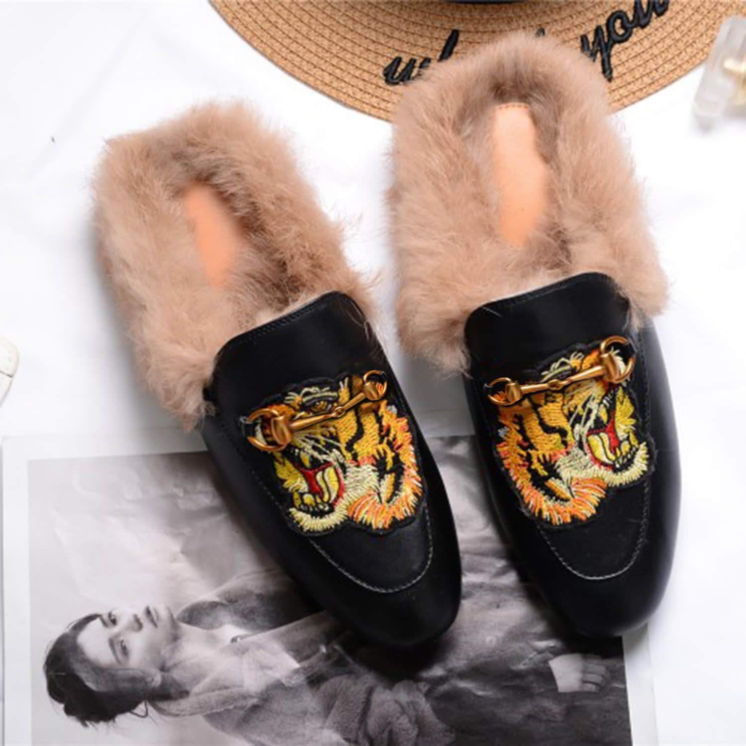 Women Casual Buckle Fur Embroidery Mules Slippers Shoes