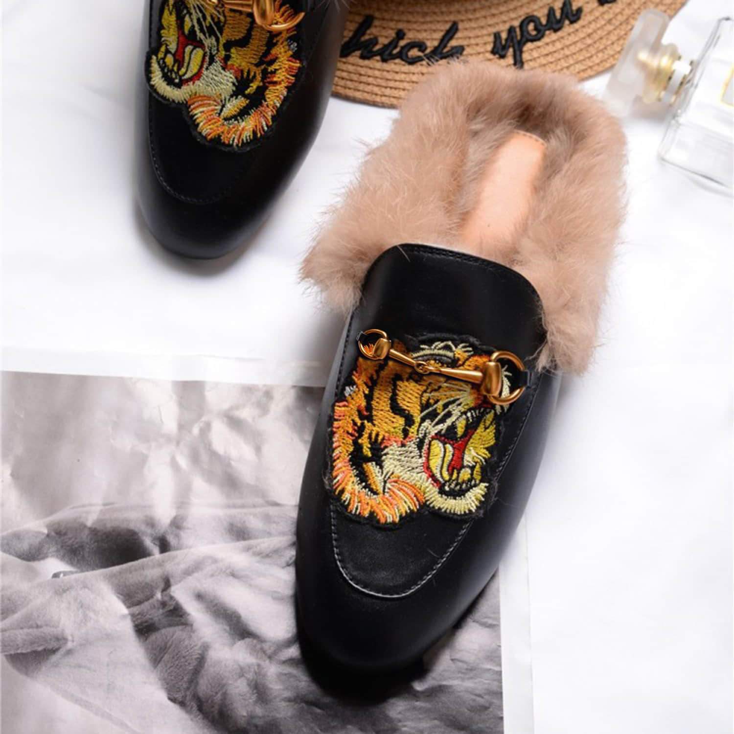 Women Casual Buckle Fur Embroidery Mules Slippers Shoes