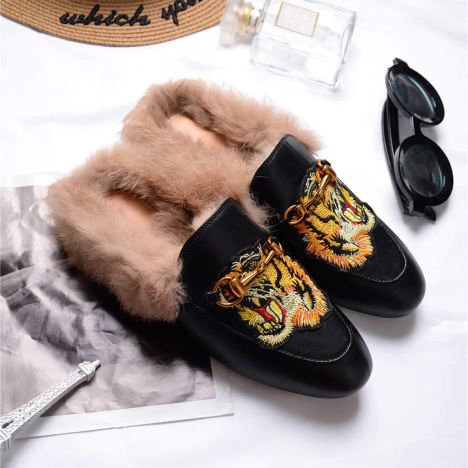 Women Casual Buckle Fur Embroidery Mules Slippers Shoes