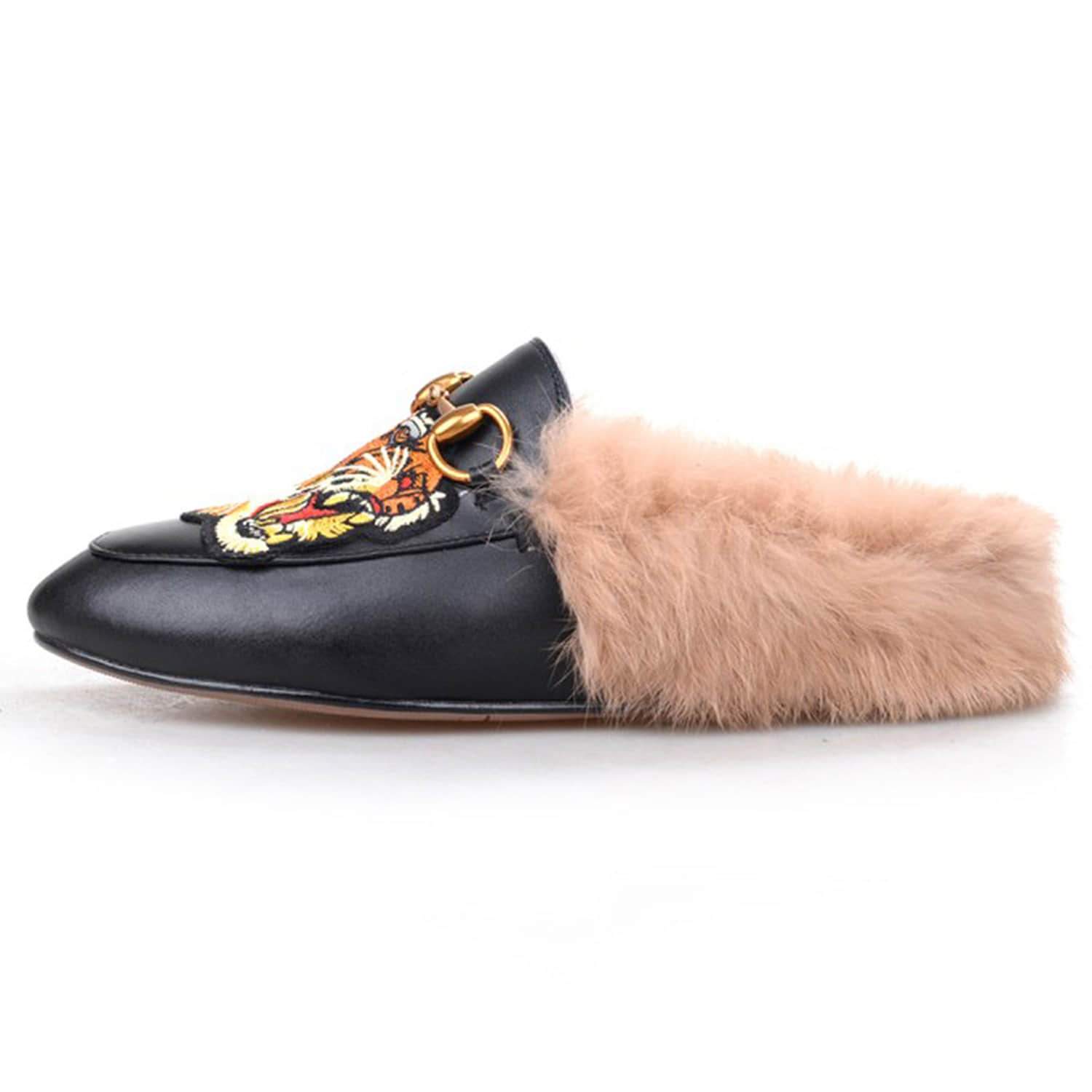 Women Casual Buckle Fur Embroidery Mules Slippers Shoes