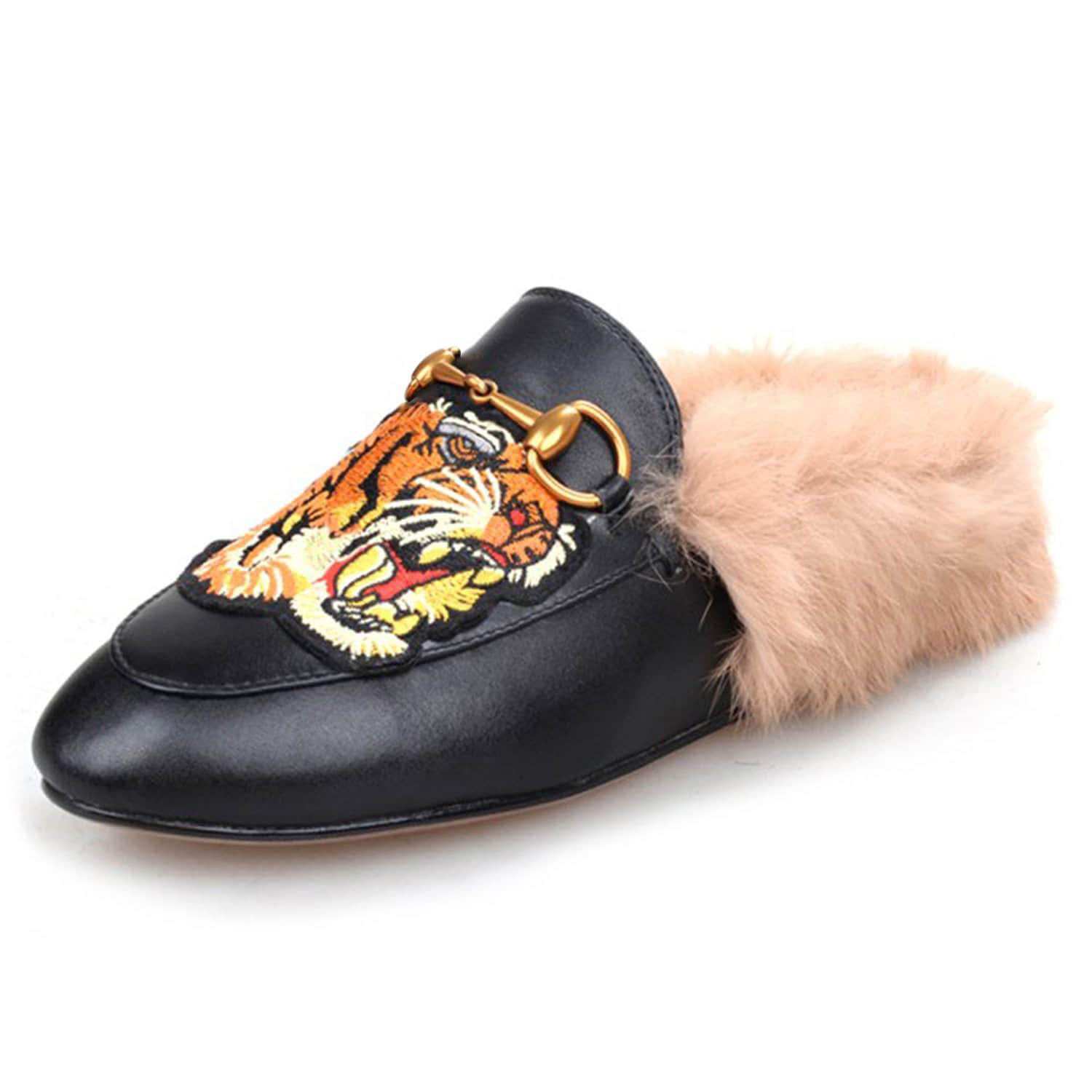 Women Casual Buckle Fur Embroidery Mules Slippers Shoes