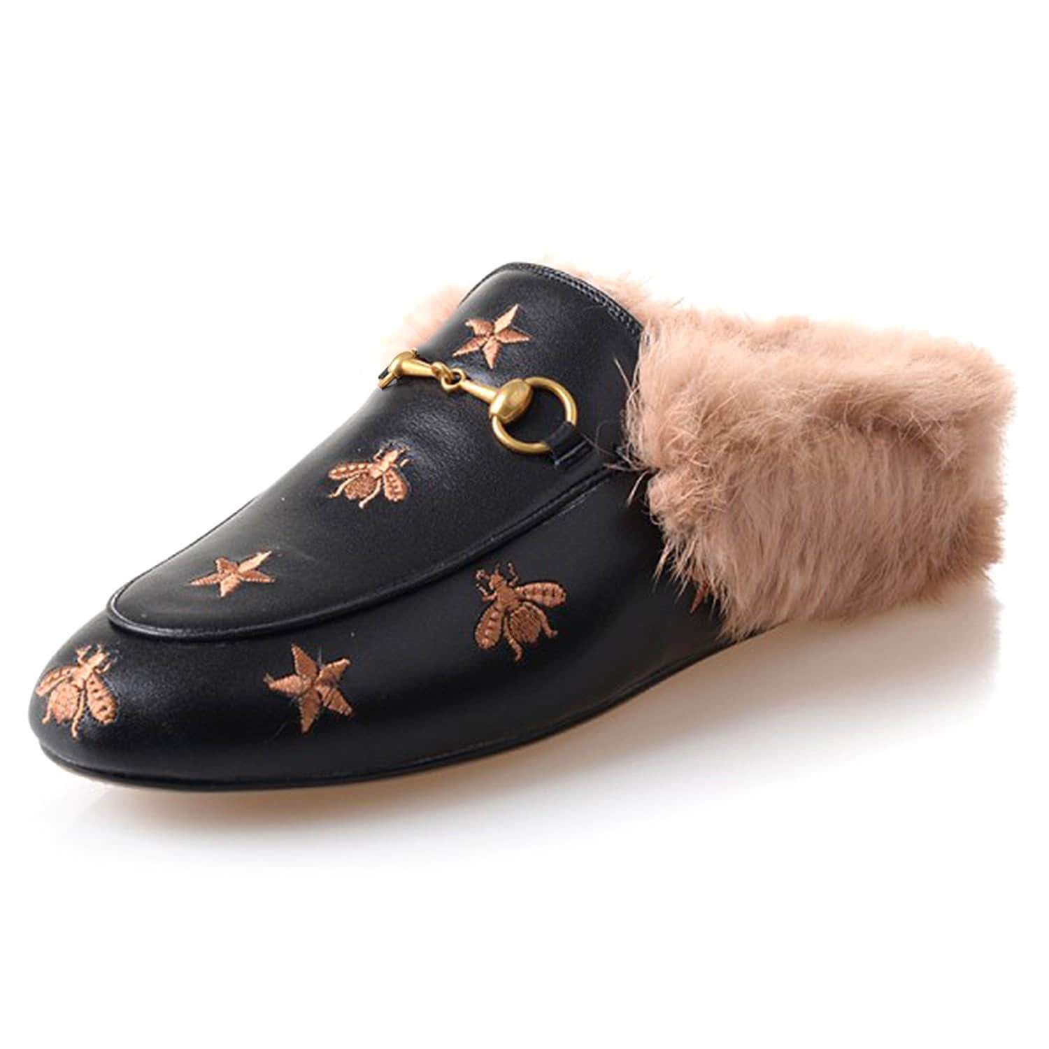 Bee Star Embroidered Furry Fur Slip on Mules