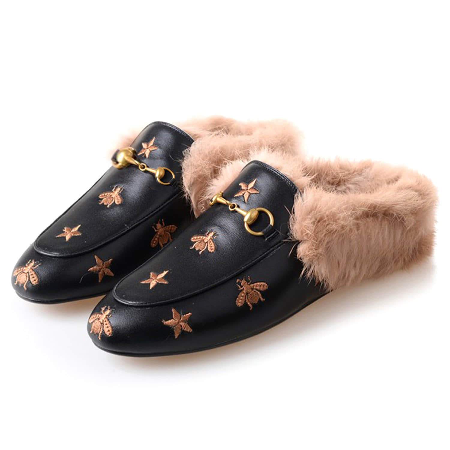 Bee Star Embroidered Furry Fur Slip on Mules