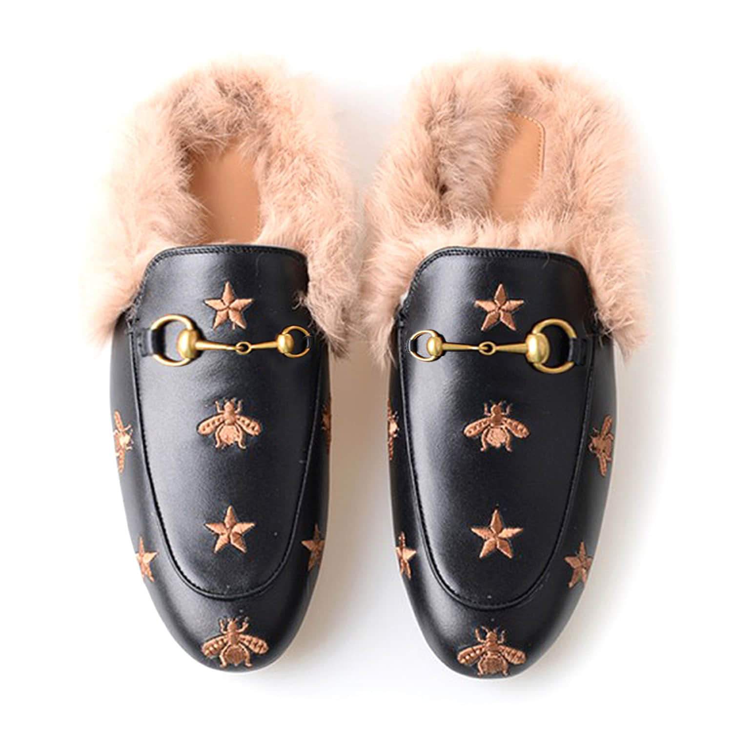 Bee Star Embroidered Furry Fur Slip on Mules