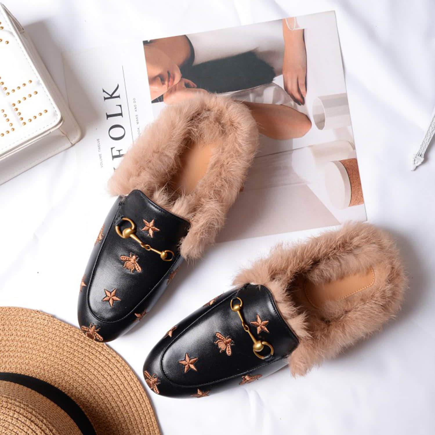 Bee Star Embroidered Furry Fur Slip on Mules