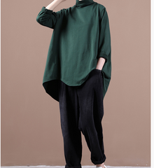 Green Loose Fall Women Cotton Tops Women Blouse Overall H9506