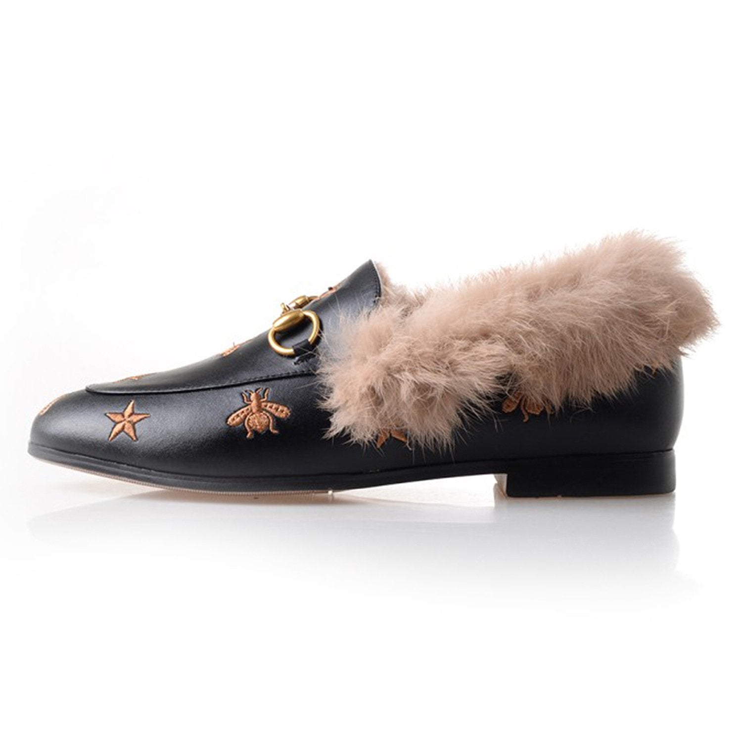 Women Horsebit Bee Star Embroidered Fur Loafers