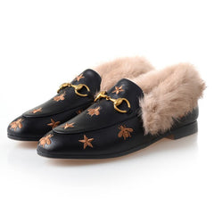 Women Horsebit Bee Star Embroidered Fur Loafers