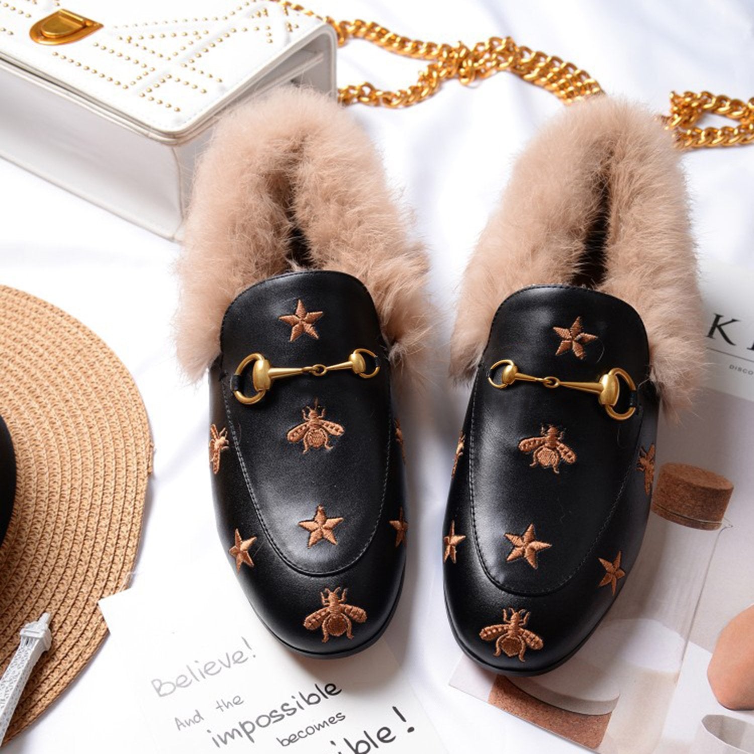 Women Horsebit Bee Star Embroidered Fur Loafers