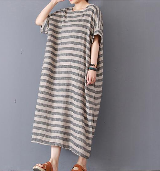 Stripe Cotton Linen Dresses Women Long Dresses Short Sleeve