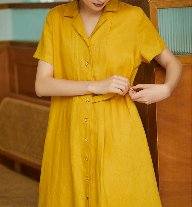 Yellow Women Dresses Casual Shirt Summer Linen Women Dresses SJ97215