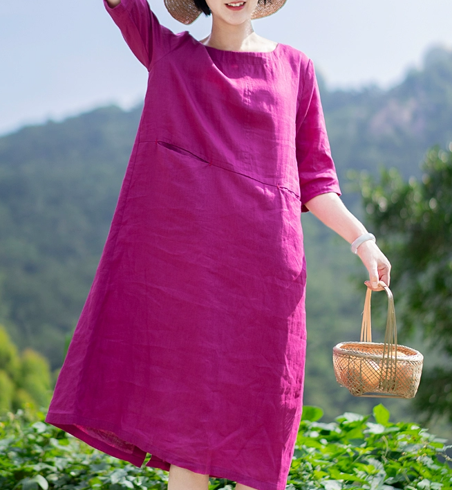 Mittellange Leinenkleider, weiche Damenkleider, halbe Ärmel, Sommerkleid 9023