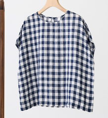 Summer Linen Plaid Shortsleeve T-shirt, Round Neck Commuter Top Women Tops