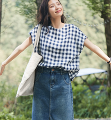 Summer Linen Plaid Shortsleeve T-shirt, Round Neck Commuter Top Women Tops